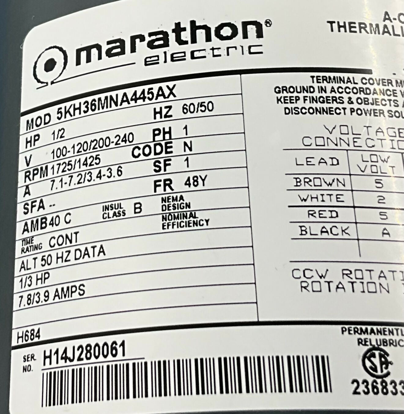 A-C MOTOR THERMALLY PROTECTED (5KH36MNA445AX) PHILIPS