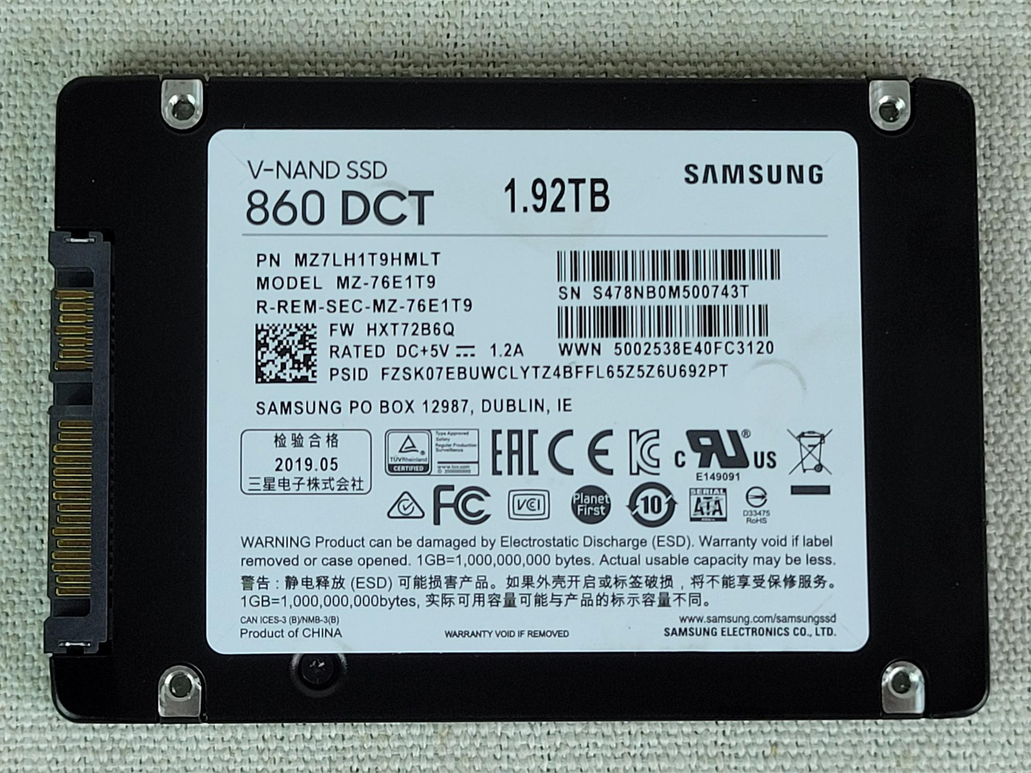 Samsung MZ7LH1T9HMLT 860DCT 1.92TB 6Gb/s 2.5” SATA SSD Solid State Drive