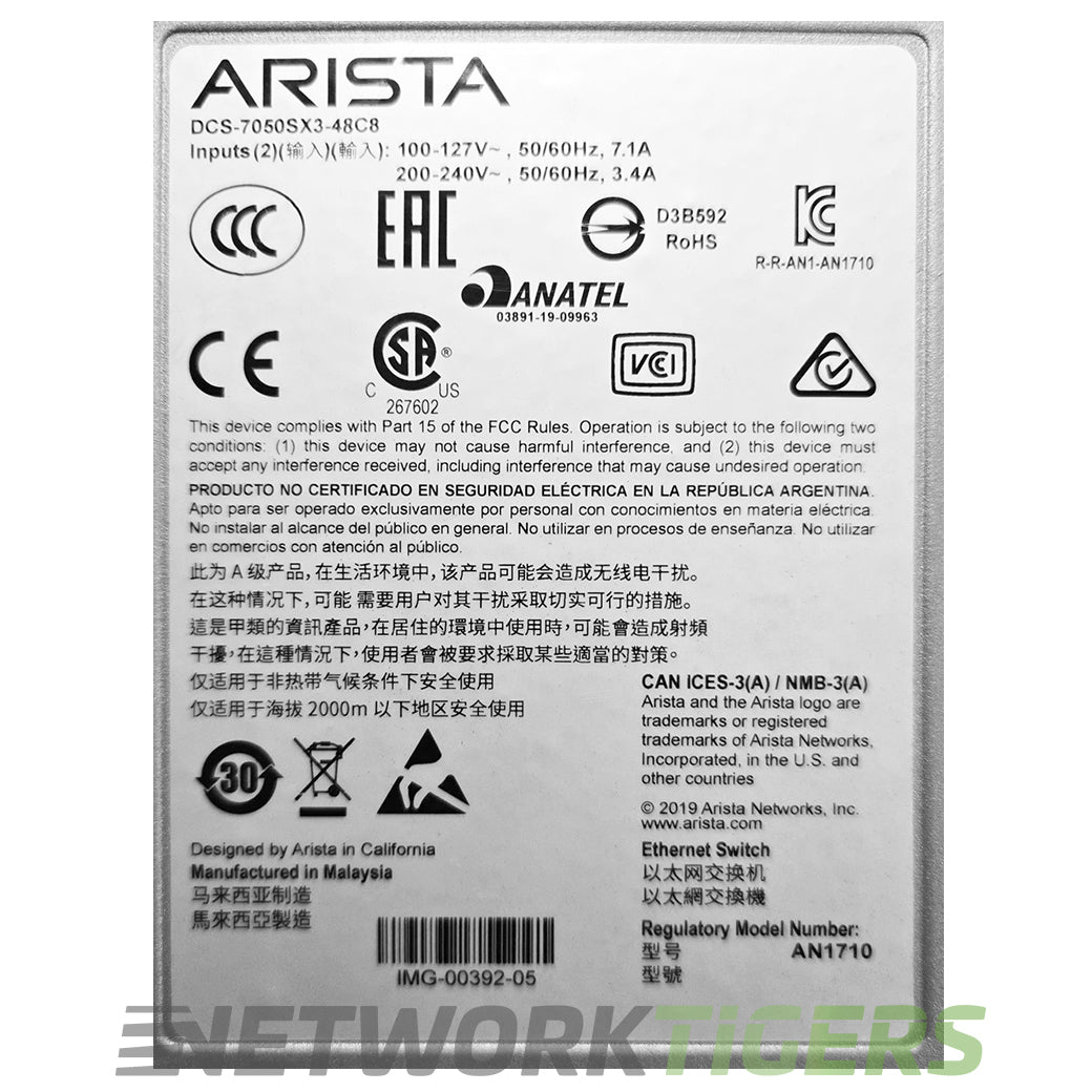 Arista DCS-7050SX3-48C8-F 48x 10GB SFP+ 8x 10GB QSFP28 F-B Air Switch