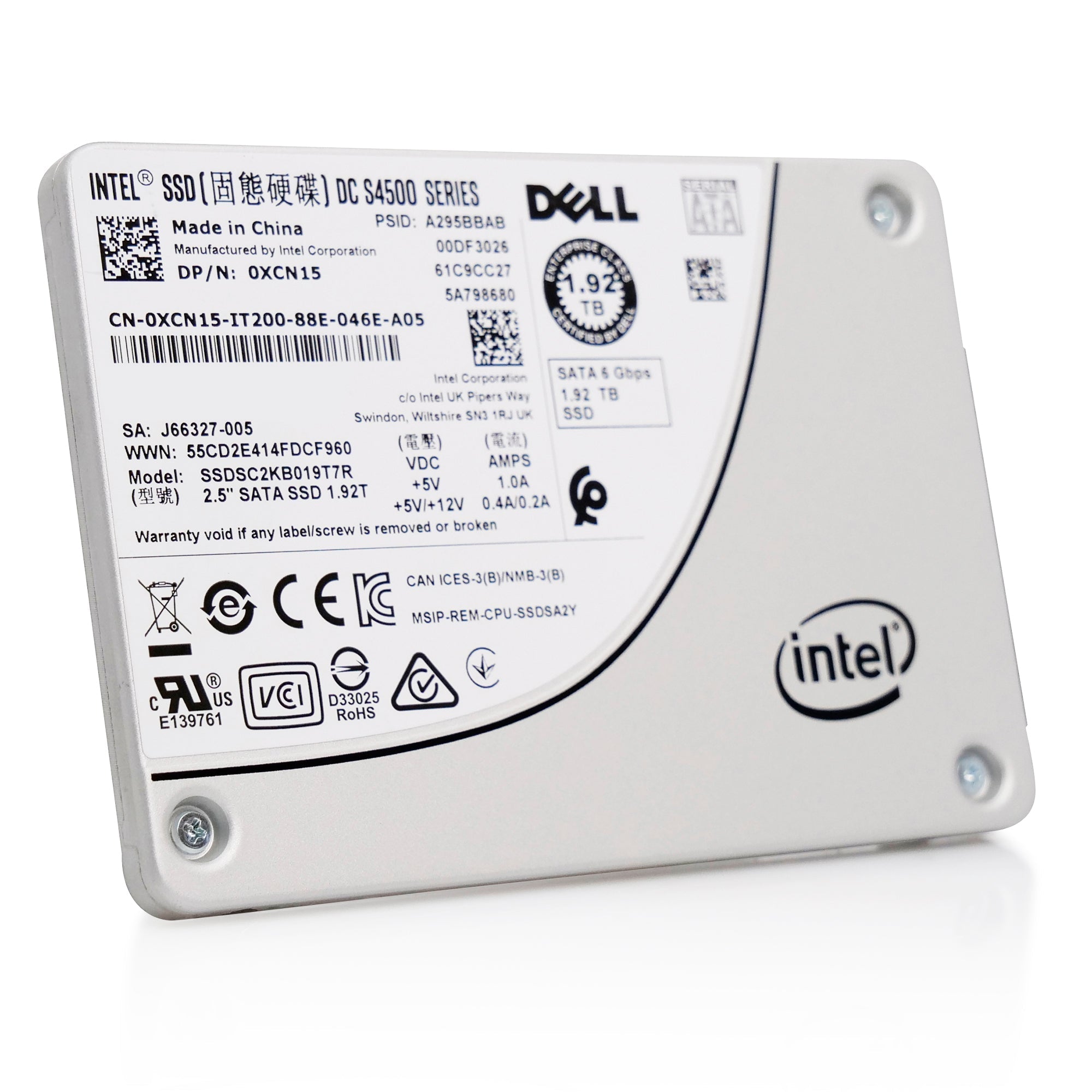 Intel/Dell DC S4500 SSDSC2KB019T7R 1.92TB 1.76 DWPD SATA 6Gb/s 3D TLC 2.5in Solid State Drive