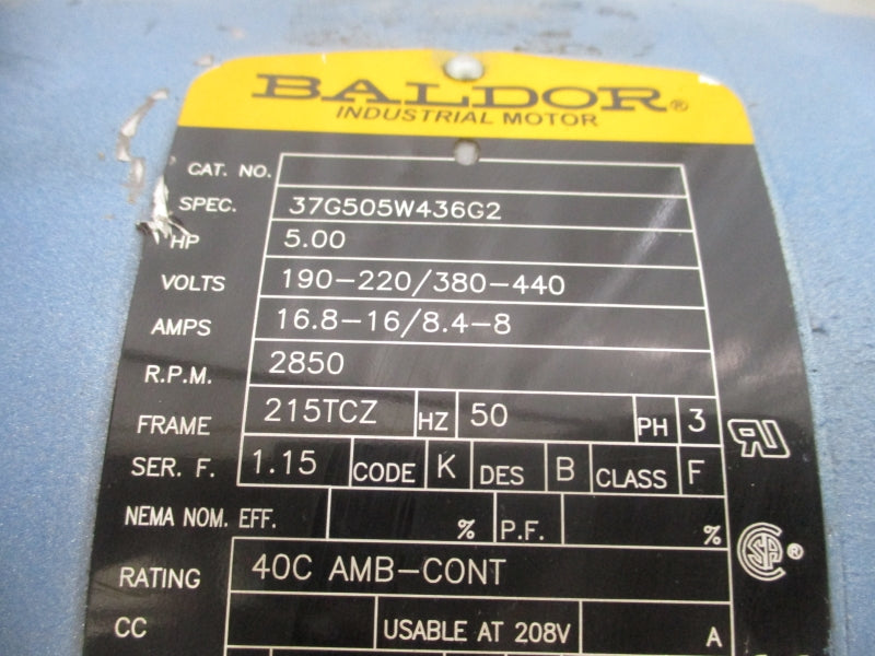 BALDOR 5 HP 215TCZ 37G505W436G2 208-230/460V 19.5-18.2/9.1A NSNP
