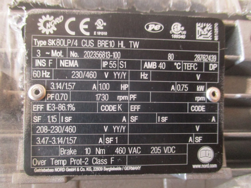 NORD SK80LP/4CUSBRE10HLTW 230/460V 3.14/1.57A NSMP