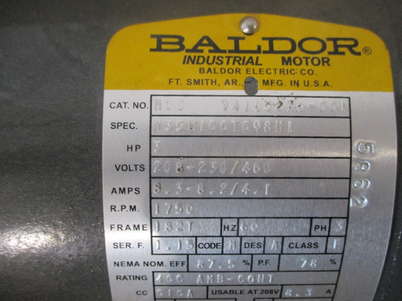 BALDOR 3HP M00941652Z6-001 208-230/460V 8.3-8.2/4.1A NSMP