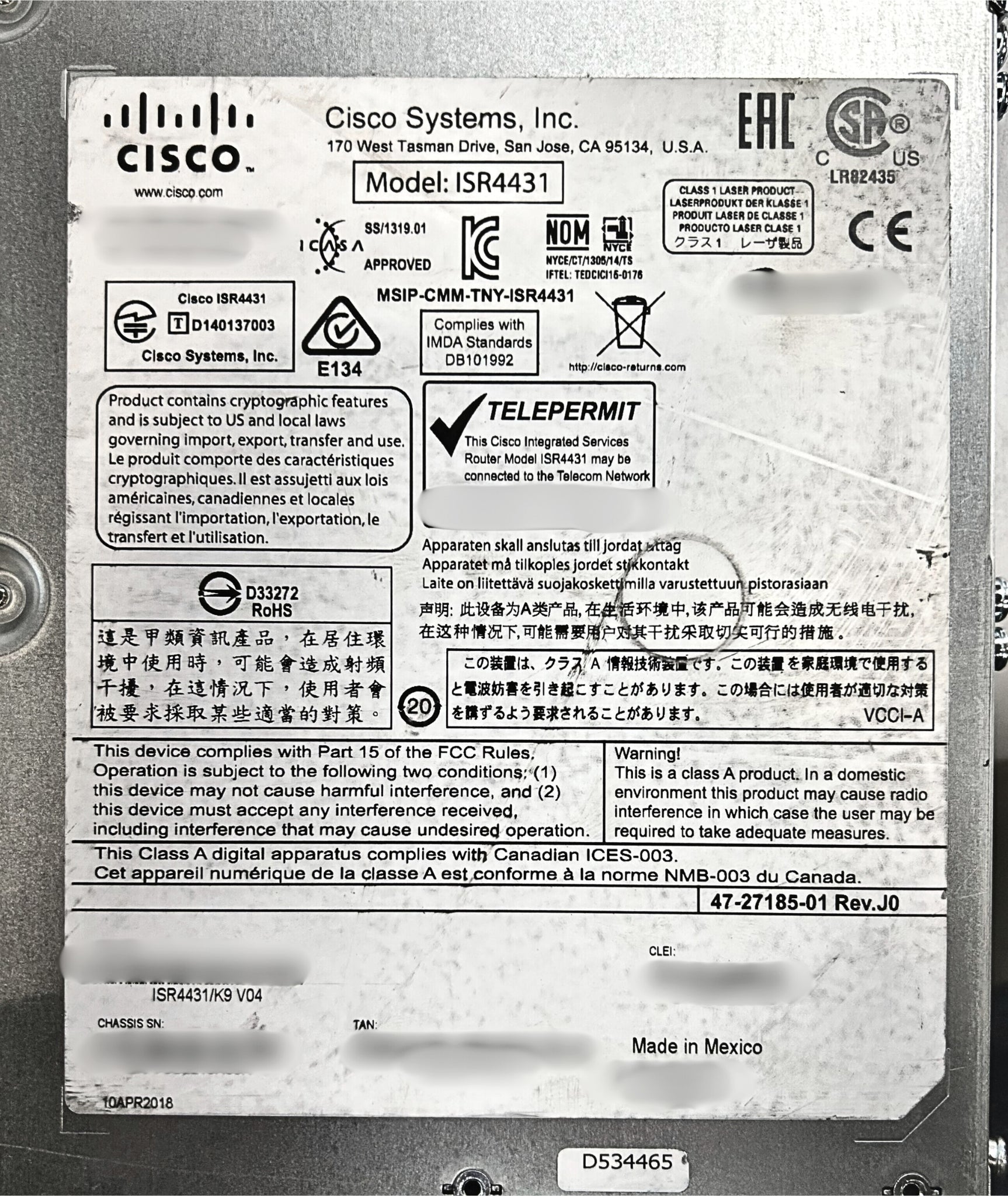 Cisco ISR4431/K9 4431,4GE,3 NIM,1 ISC,8GB/2G/4G MEM