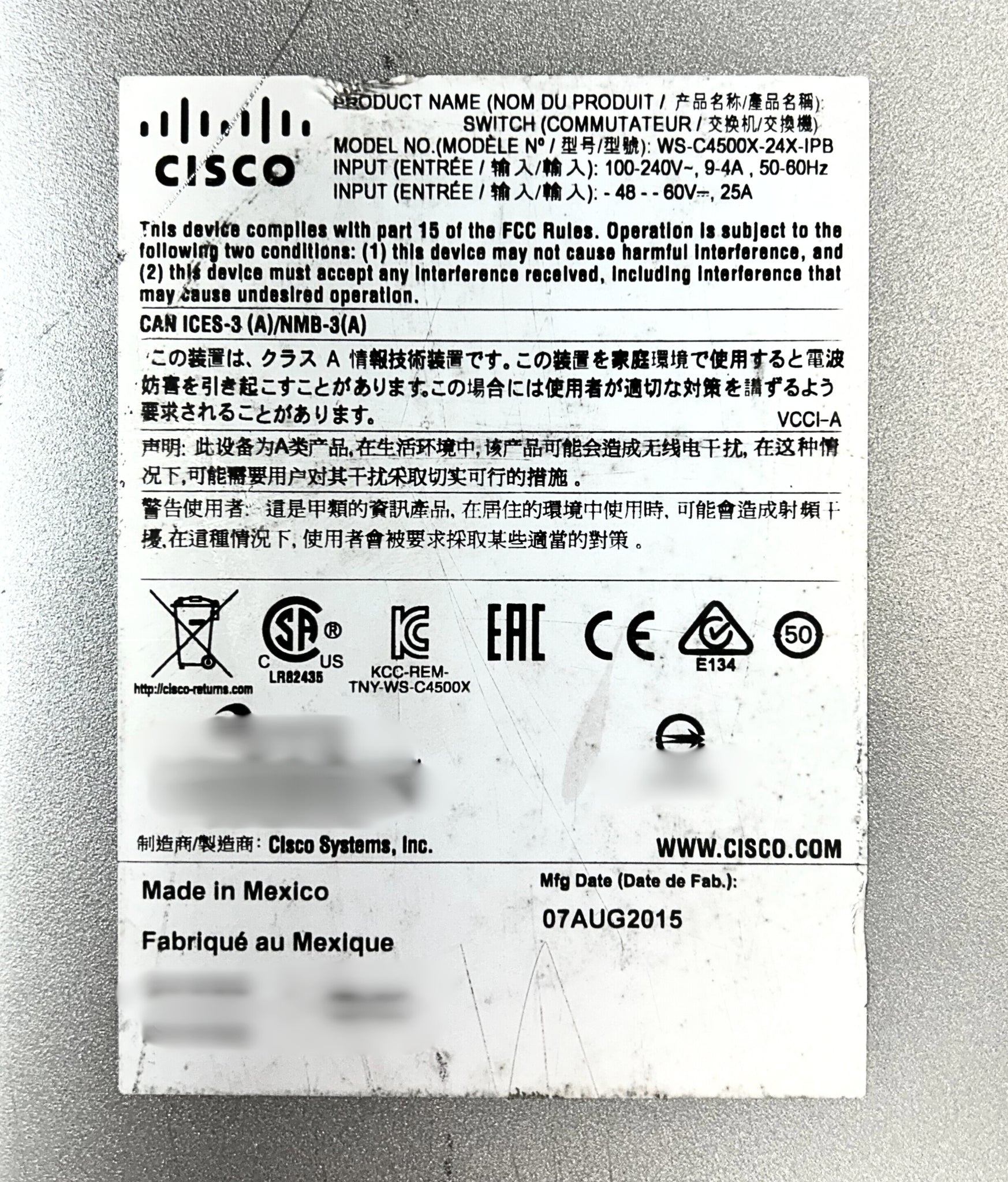 Cisco WS-C4500X-24X-IPB Catalyst 4500-X 24-Port 10G SFP+ IP Base Manag