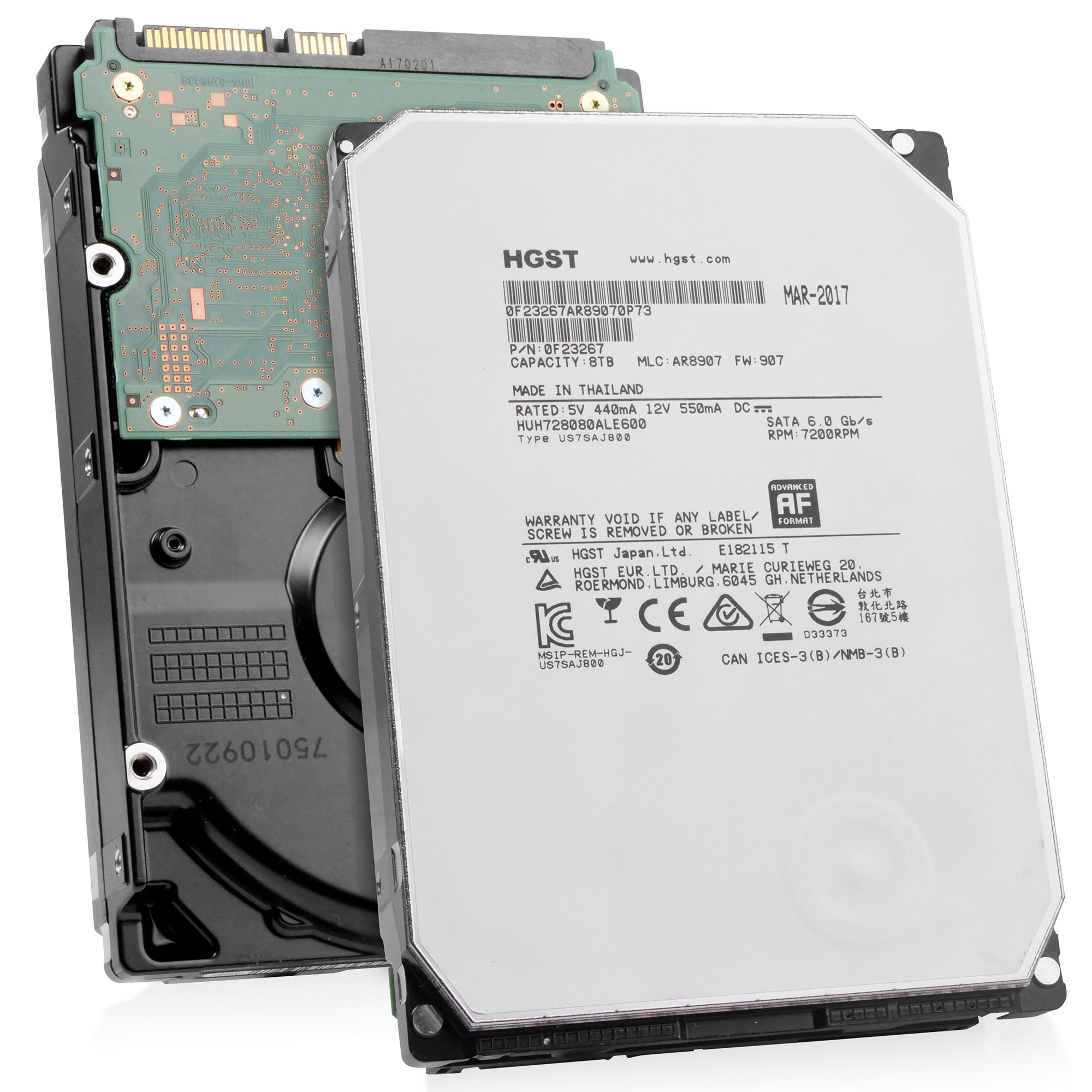 HGST Ultrastar He8 HUH728080ALE600 0F23267 8TB 7.2K RPM SATA 6Gb/s 512e 128MB 3.5" ISE HDD, combine angled view