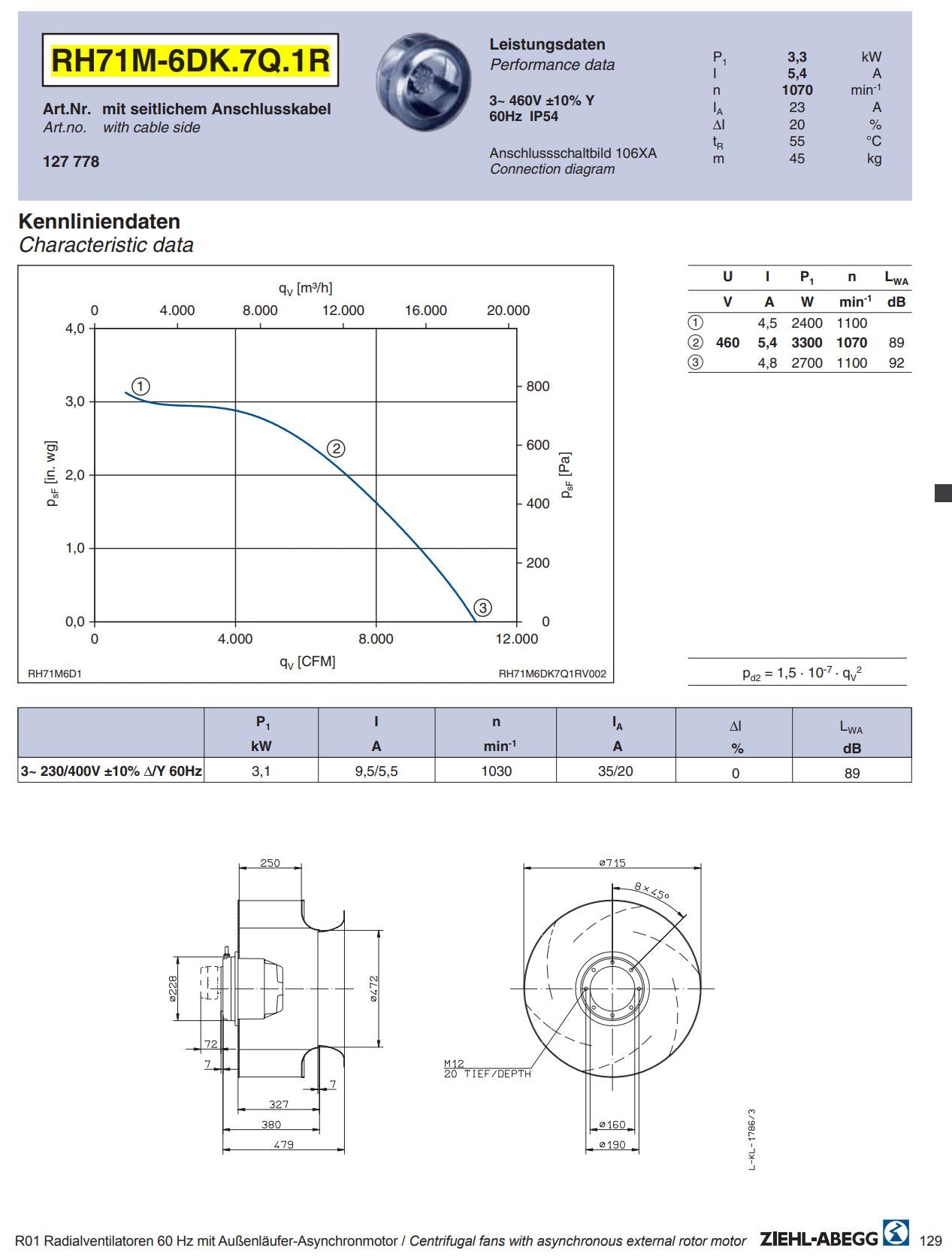 Brand new RH71M-6DK.7Q.1R(Art No:205204) ZIEHL-ABEGG centrifugal fan for Simens LDZ10501652 converter 3.3kW 5.4A 1070RPM