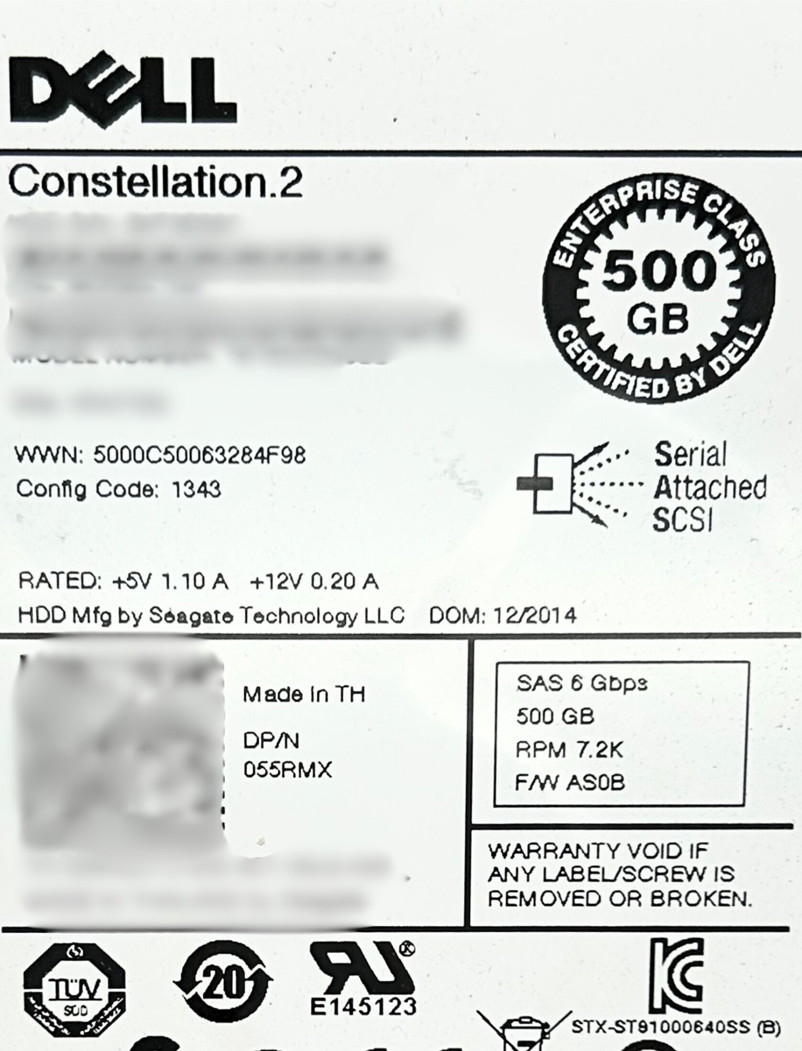 Dell 55RMX 500GB 7.2K SAS 2.5" 6G EP