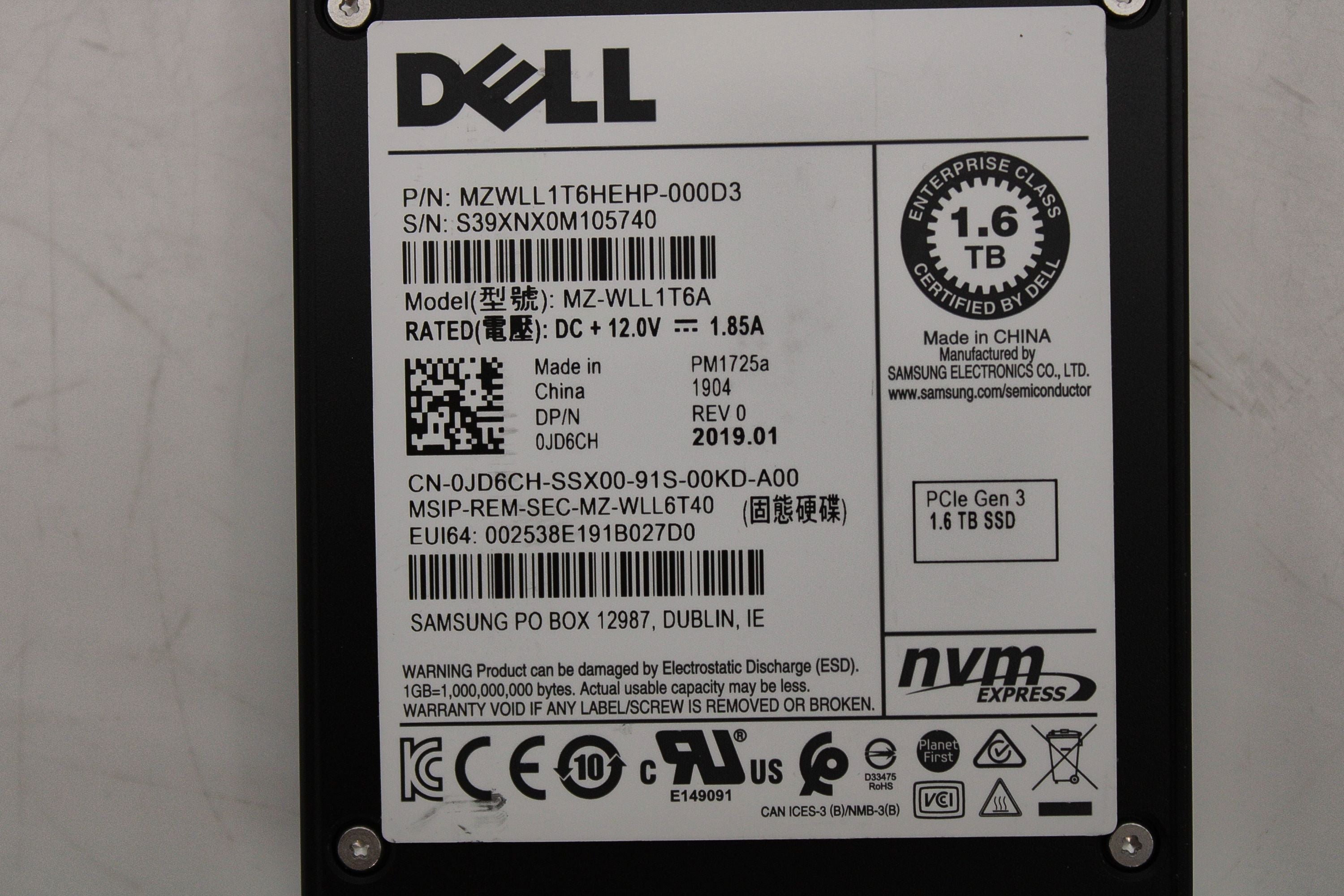 Dell JD6CH 1.6TB SSD 2.5 NVME MZWLL1T6HEHP-000D3 / MZ-WLL1T6A PM1725a