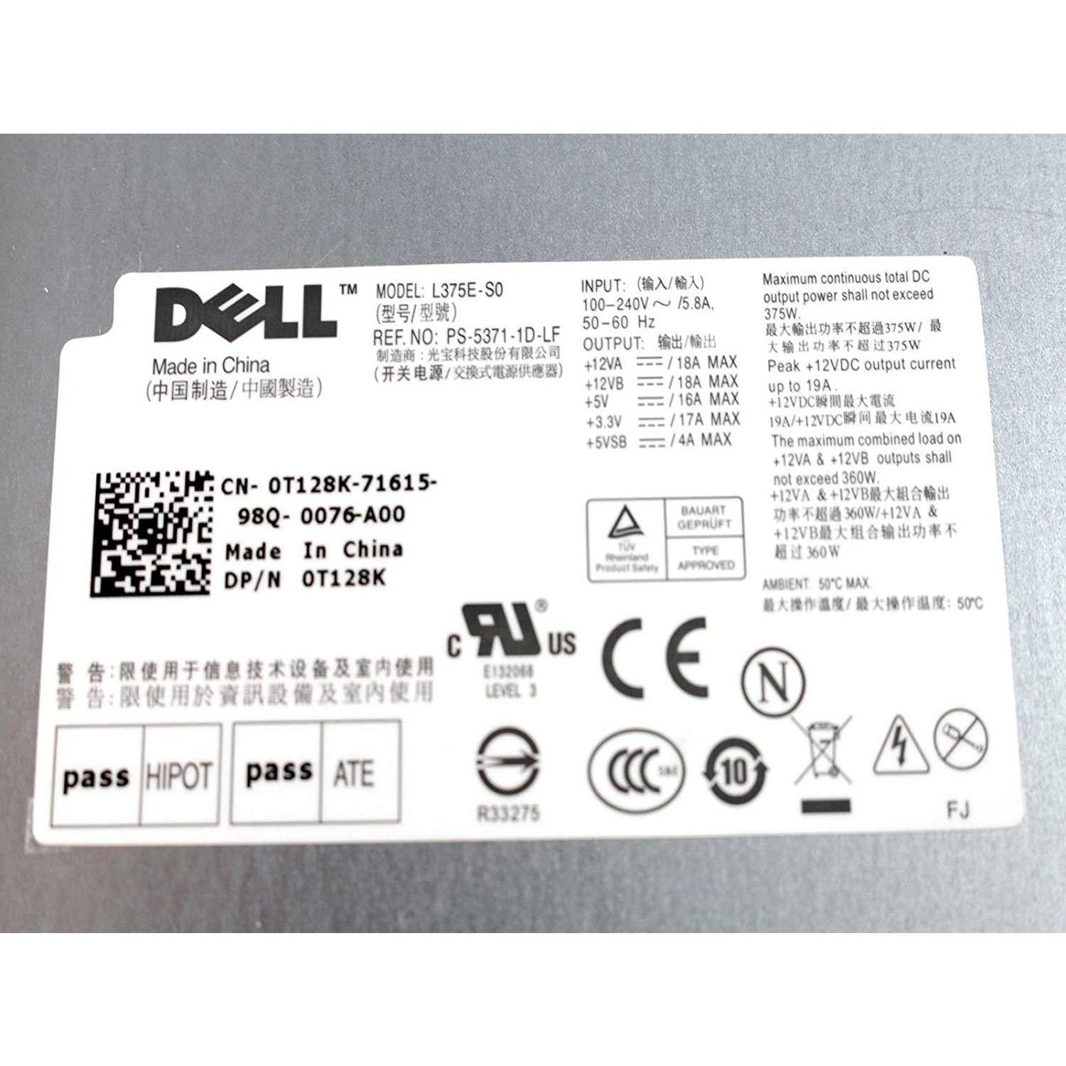 T122K Power Supply Power Brick Power Source PSU Non-Redundant 375w For The T310 Server, Part Number: T128K, Model Numbers: N375E-01, NPS-375CB-1 A