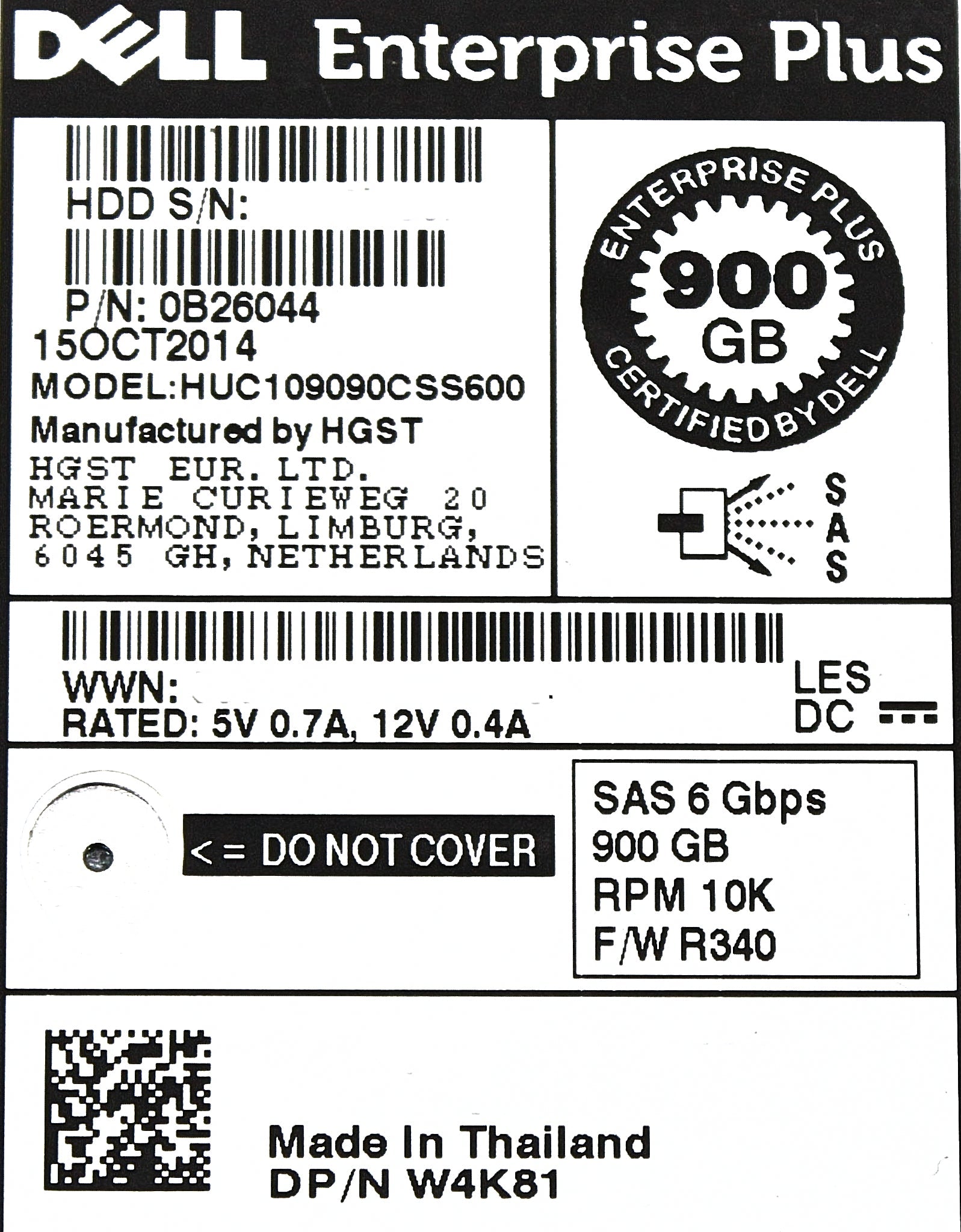 Dell W4K81-CML 900GB 10K SAS 2.5 6G HUC109090CSS600 / 0B26044 EP+
