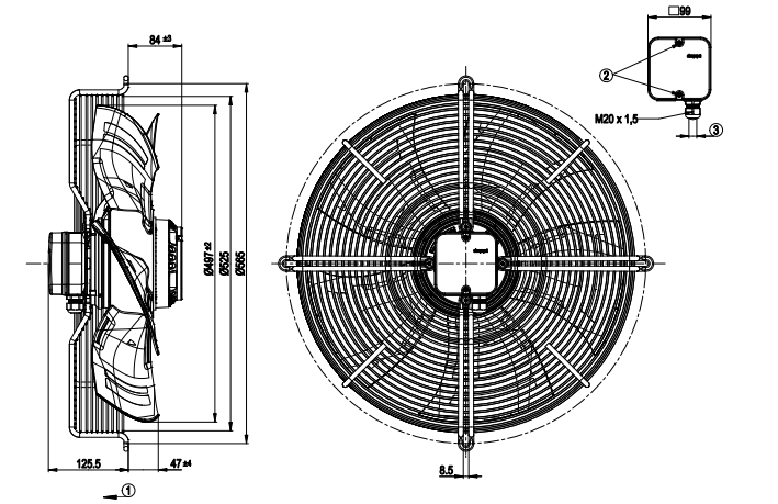 S4E500-AM03-01 ebmpapst Axial Fan 1~230V 680/880W 3.0/3.88A 1300/1400rpm