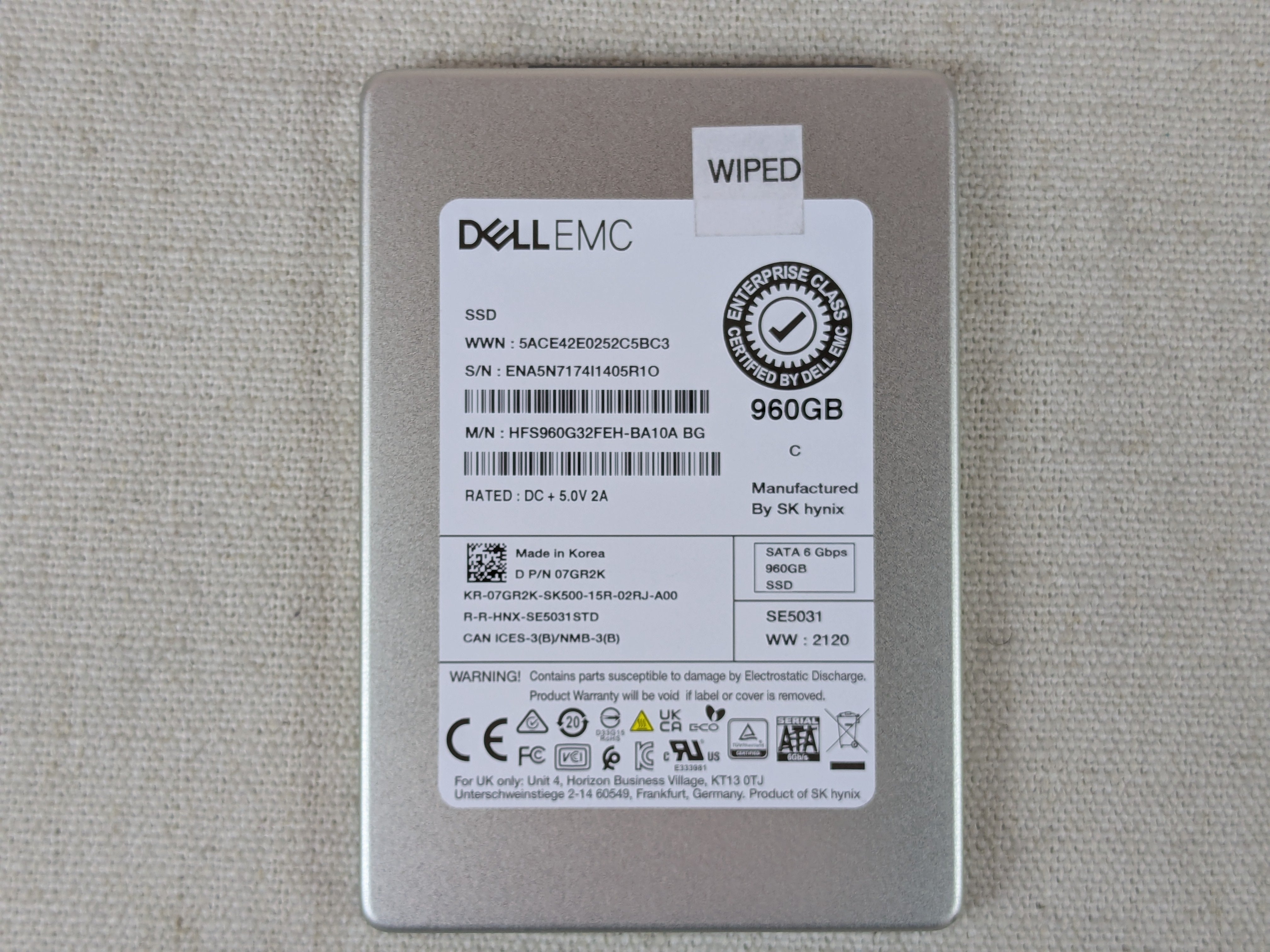 Dell 7GR2K 960GB 6Gb/s 2.5" Mix Use SATA SSD HFS960G32FEH No Tray