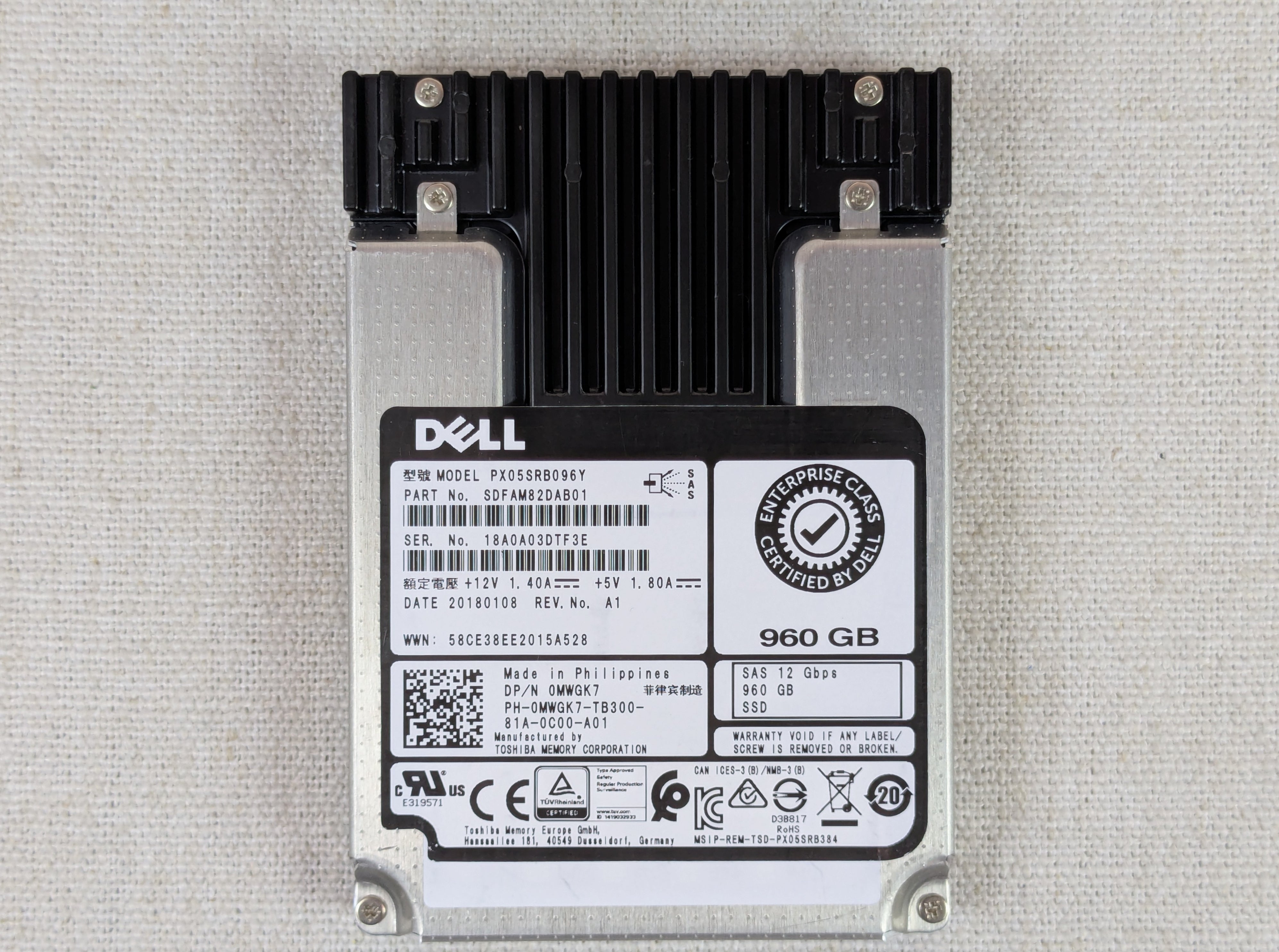 Dell MWGK7 960GB 12G 2.5" SAS RI SSD Toshiba PX05SRB096Y - No Tray 70-79% health