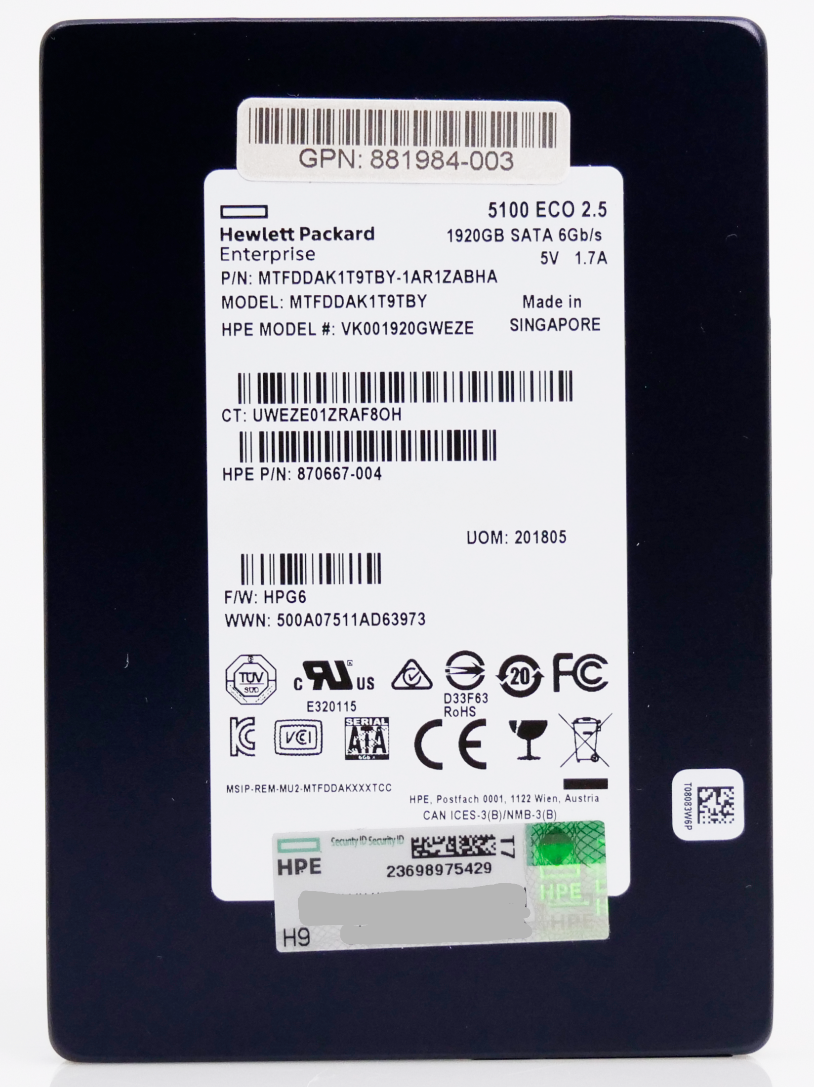 HP VK001920GWEZE 1.92TB SATA 6Gb/s 3D TLC 2.5in Recertified Solid State Drive