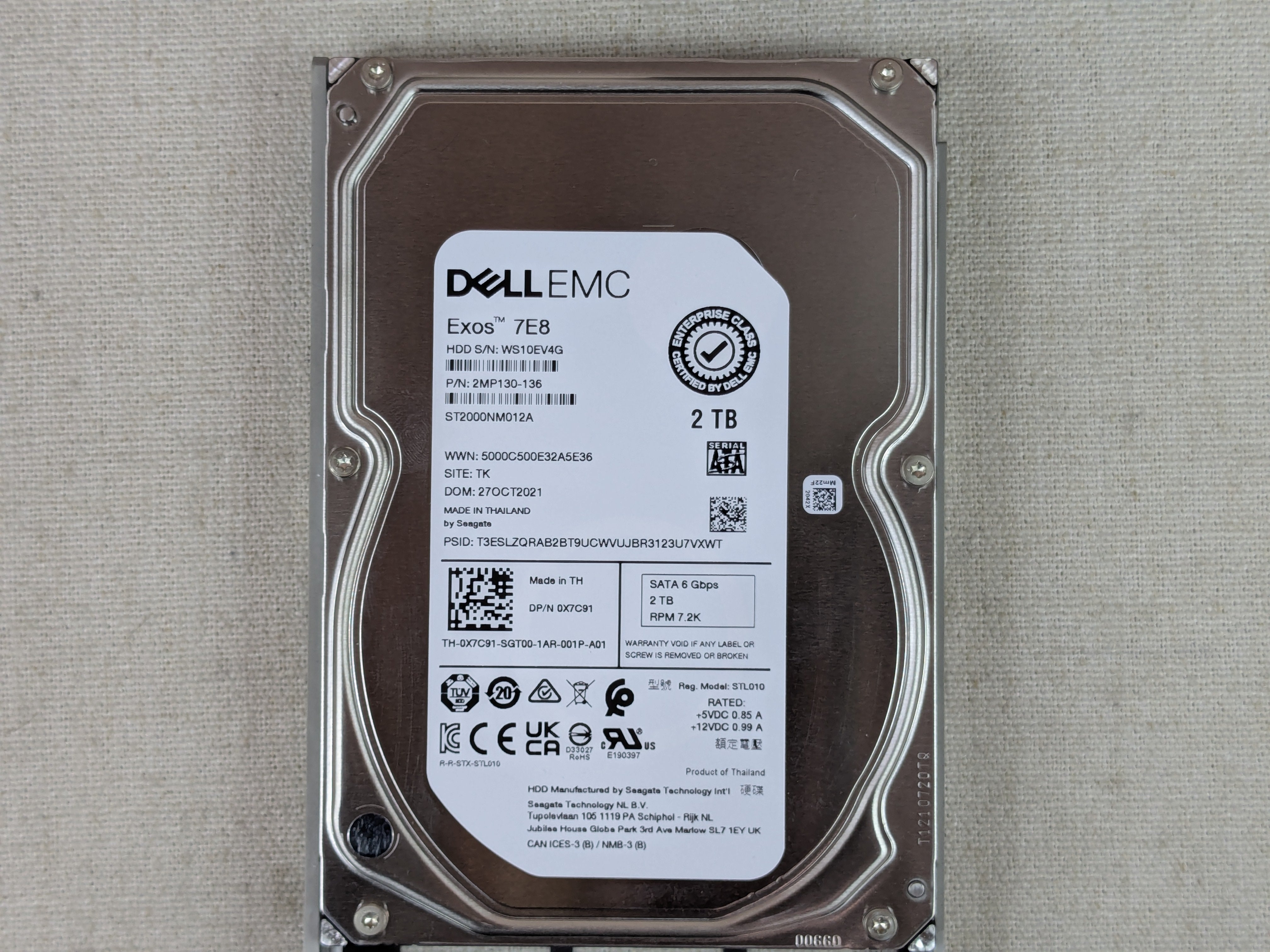 Dell X7C91 2TB 7.2k 6Gb/s 3.5" SATA Hard Drive ST2000NM012A w/ 13G Tray