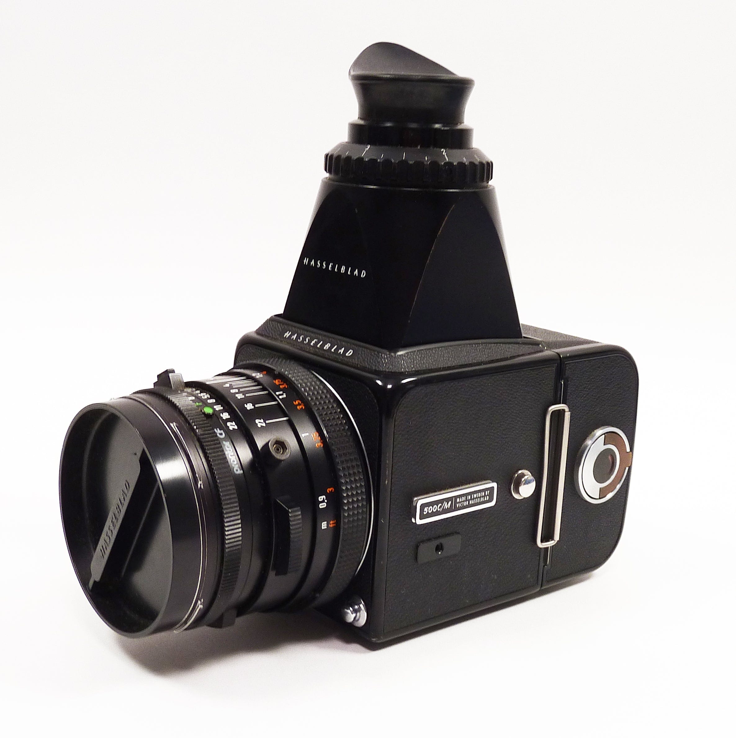 Hasselblad 500C/M Black with Planar 80mm f2.8 CF Lens-A12 Back and Chimney Finder