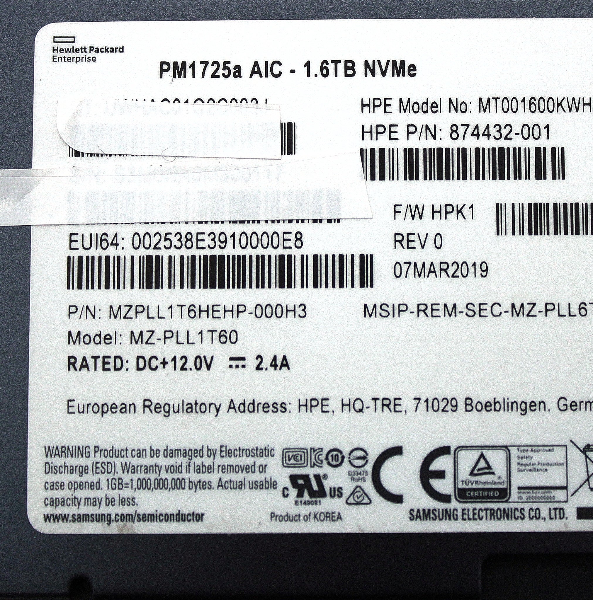 HP 874432-001 1.6TB NVME X8 MU HH DS SSD