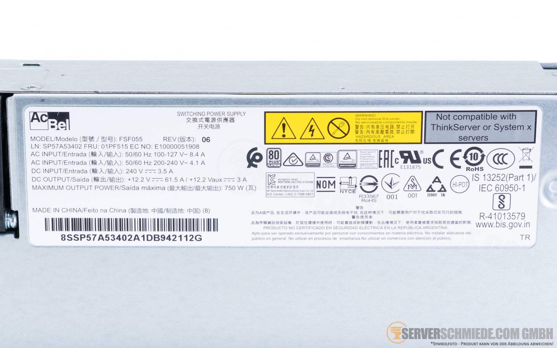 IBM Lenovo 750W Netzteil PSU 80 Plus Platinum 01PF515 for SR630 SR650 SR550 SR530 ST550