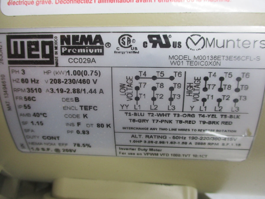 WEG M00136ET3E56CFL-S 208-230/460V 3.19-2.88/1.44A NSMP
