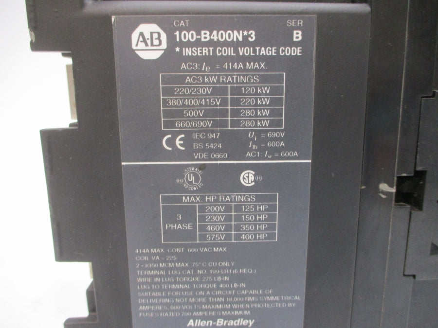 ALLEN BRADLEY 100-B400ND3 SER. B 110/120V 600A (AS PICTURED) UNMP