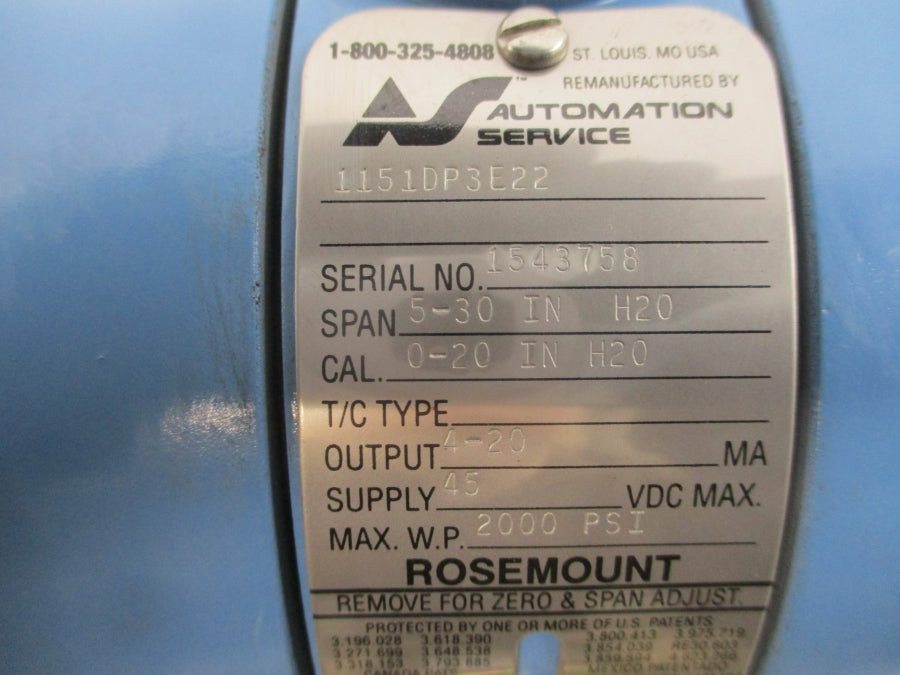 ROSEMOUNT 1151DP3E22 45VDC 2000PSI REMAN