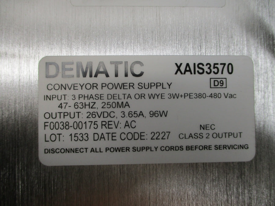 DEMATIC XAIS3570 F0038-00175 380-480VAC 3.65A REV. AC NSMP
