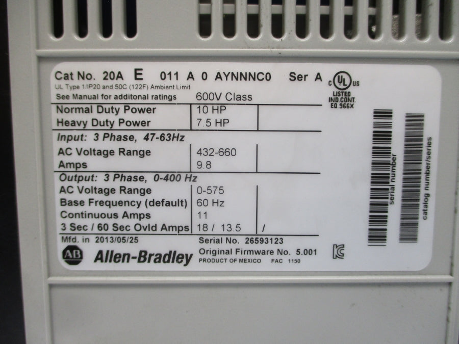 ALLEN BRADLEY 20AE011A0AYNNNC0 SER. A F/W 5.001 432-660VAC 11A NUPI