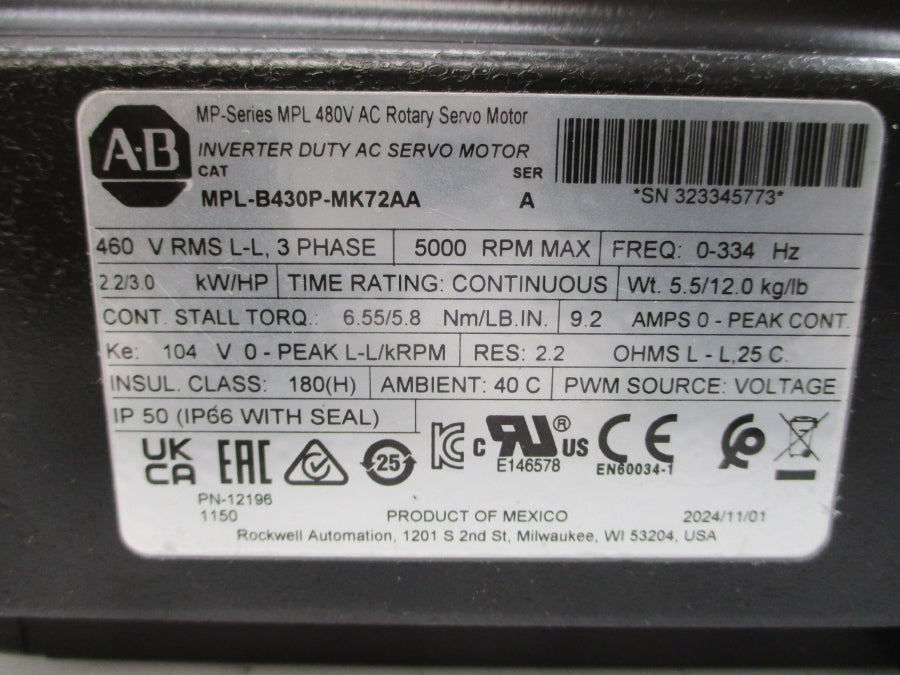 ALLEN BRADLEY MPL-B430P-MK72AA SER. A 460VAC 9.2A NSMP