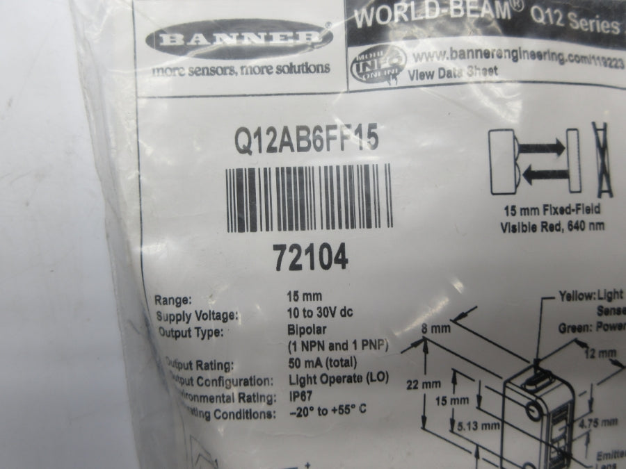 BANNER ENGINEERING Q12AB6FF15 72104 10-30VDC NSMP