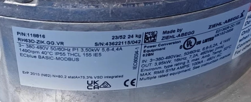 RH63D-ZIK.GG.VR ZIEHL-ABEGG centrifugal fan 380-480V 4.10kW 5.6-5.2A