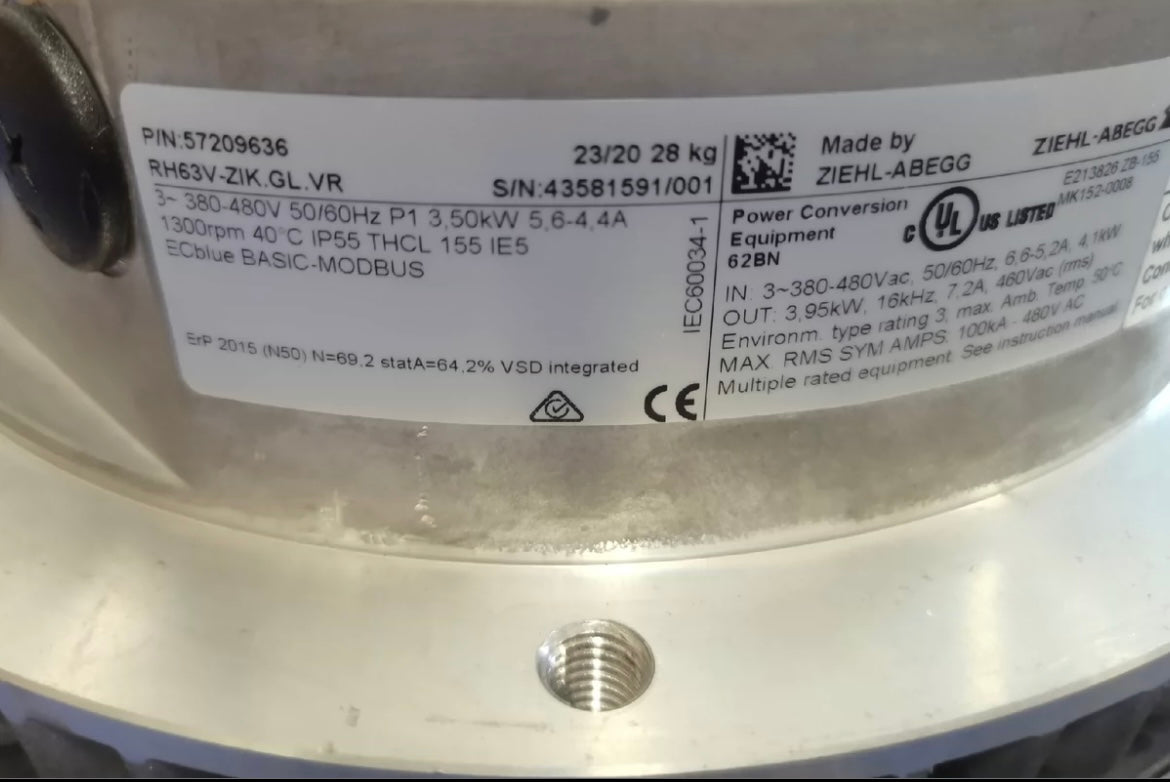 RH63V-ZIK.GL.VR ZIEHL-ABEGG centrifugal fan 380-480V 3.50kW 5.6-4.4A 1300rpm