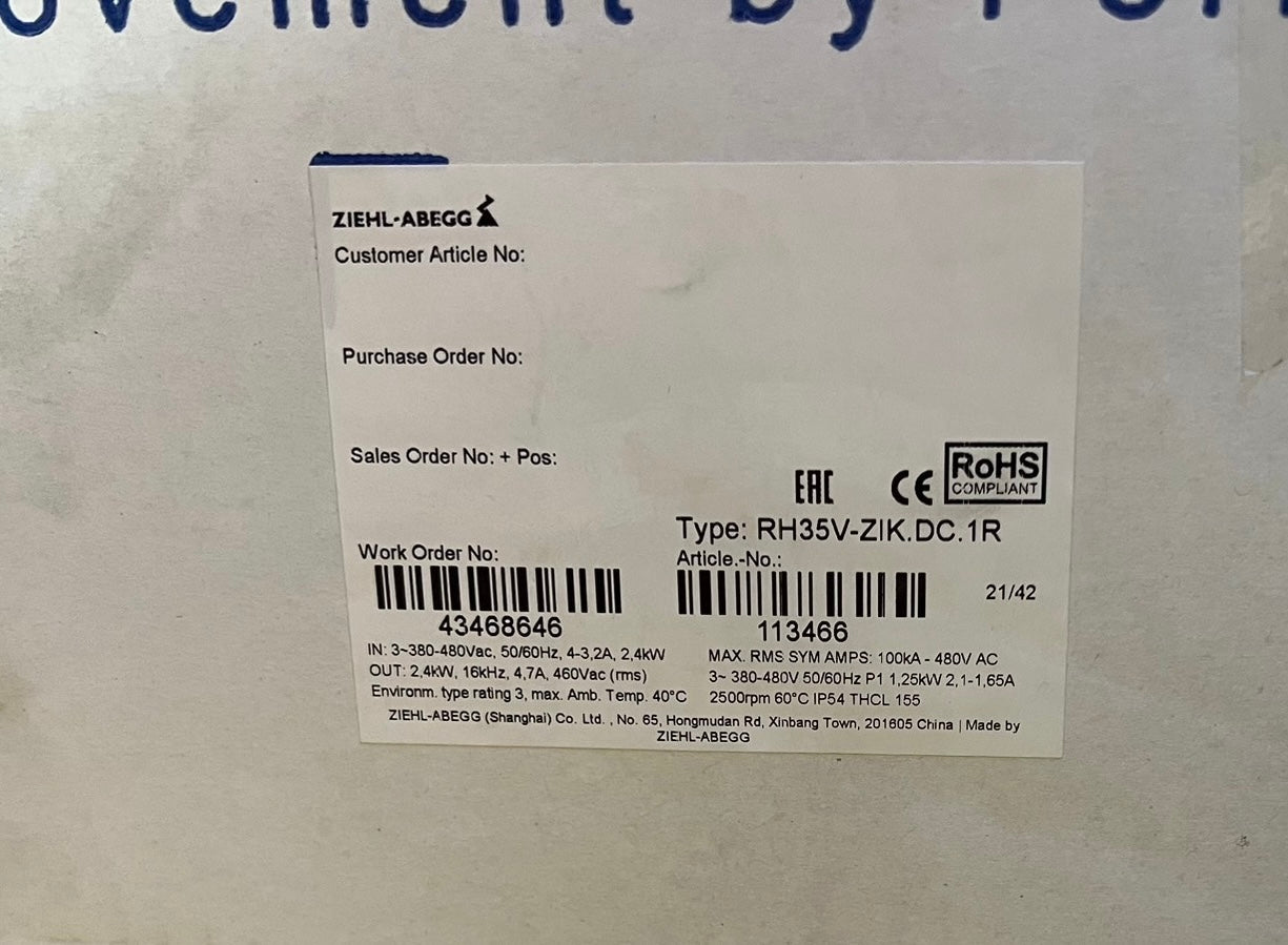 Brand new RH35V-ZlK.DC.1R ZIEHL-ABEGG centrifugal fan 200-277V/380-480V 0.86kW 2200RPM
