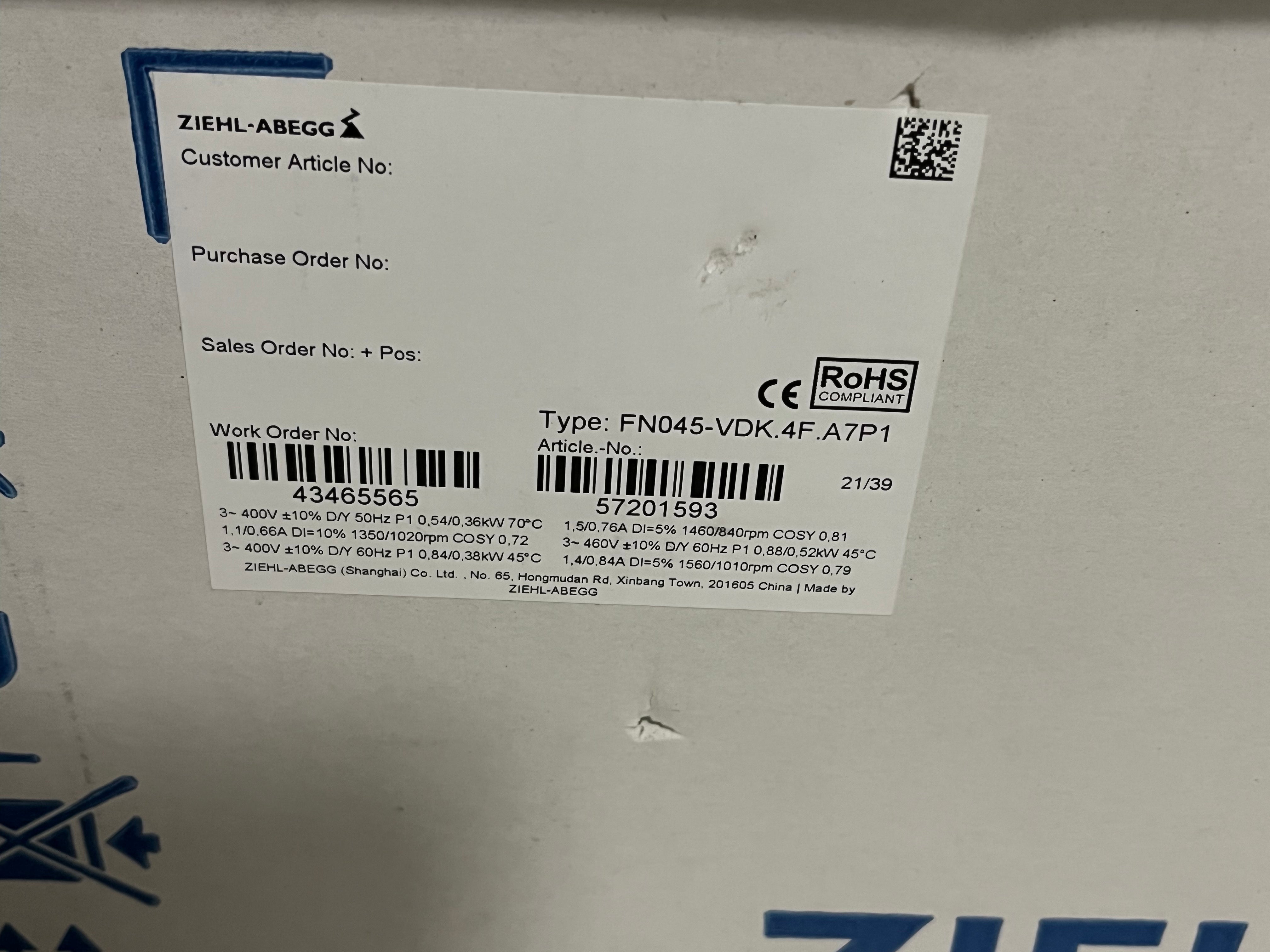 FN045-VDK.4F.A7P1 ZIEHL-ABEGG Axial Fan 400V 0.88/0.36W 1.5/0.66A 1560/1350rpm