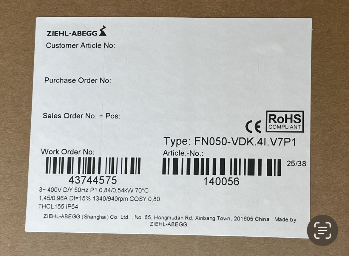 FN050-VDK.41.V7P1 ZIEHL-ABEGG Axial Fan 3~400V 0.49/1.2kW 0.84/2.0A 1025/1480rpm