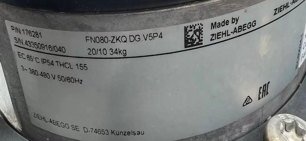 FN080-ZKQ.DG.V5P4 ZIEHL-ABEGG Axial Fan 0.83kW 1.45/1.15A