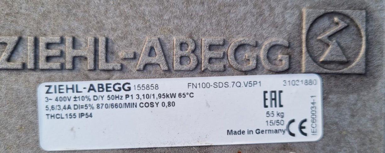 FN100-SDS.7Q.V5P1 ZIEHL-ABEGG Axial Fan 3~400V 3.1 /1.95kW 5.6/3.4A 870/660rpm