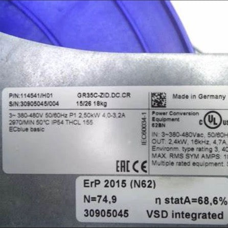 GR35C-ZID.DC.CR ZIEHL-ABEGG centrifugal fan 2.5kW 3-400V 4.0/3.2A