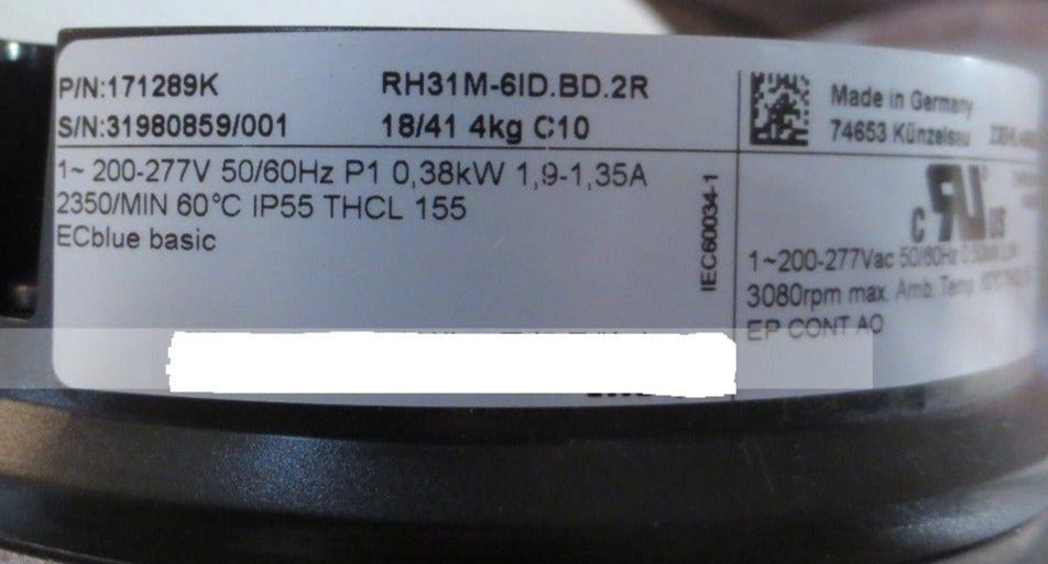 Brand new RH31M-6ID.BD.2R ZIEHL-ABEGG centrifugal fan 380/500W 200/277V 1.9/1.35A