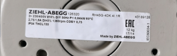Brand new RH45G-4DK.4I.1R ZIEHL-ABEGG centrifugal fan 3-400V 50HZ