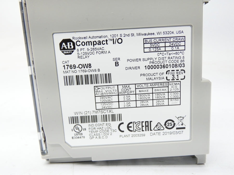 ALLEN BRADLEY 1769-OW8 SER. B F/W 3.1 VER. 03 24VDC 0.125A NSMP