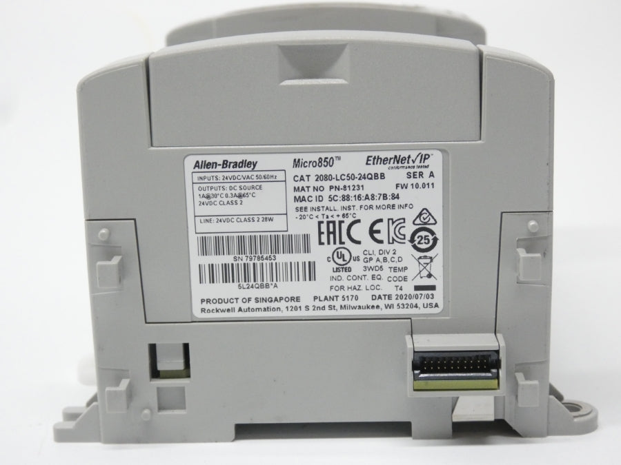 ALLEN BRADLEY 2080-LC50-24QBB SER. A F/W 10.011 24VDC/VAC 1A (NO COVER) UNMP