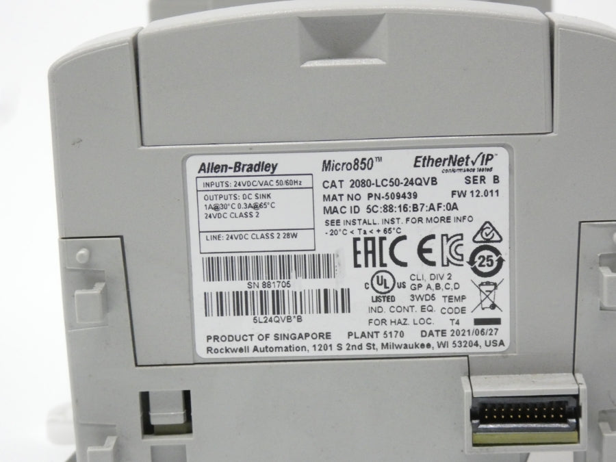 ALLEN BRADLEY 2080-LC50-24QVB SER. B F/W 12.011 24VDC/VAC 1A (NO COVER) UNMP