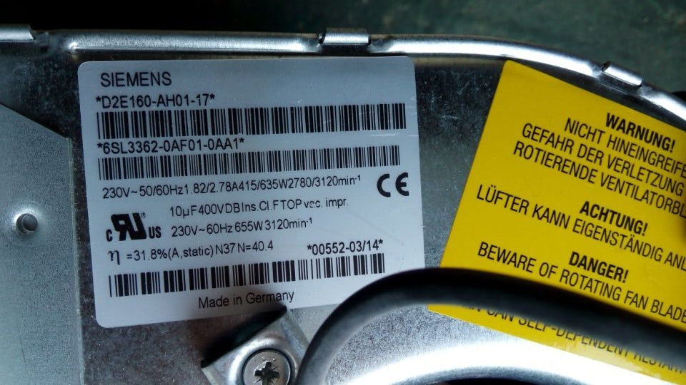 D2E160-AH01-17 6SL3362-0AF01-0AA1 ebmpapst Frequency Converter Centrifugal Fan 230V 415/635W 1.82/2.78A 2780/3120rpm