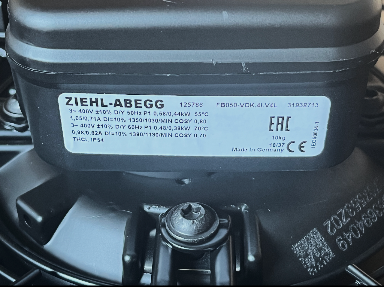 FB050-VDK.4I.V4L ZIEHL-ABEGG Axial Fan 3~400V 0.59/0.60kW 1.4/0.68A 1350/1130rpm