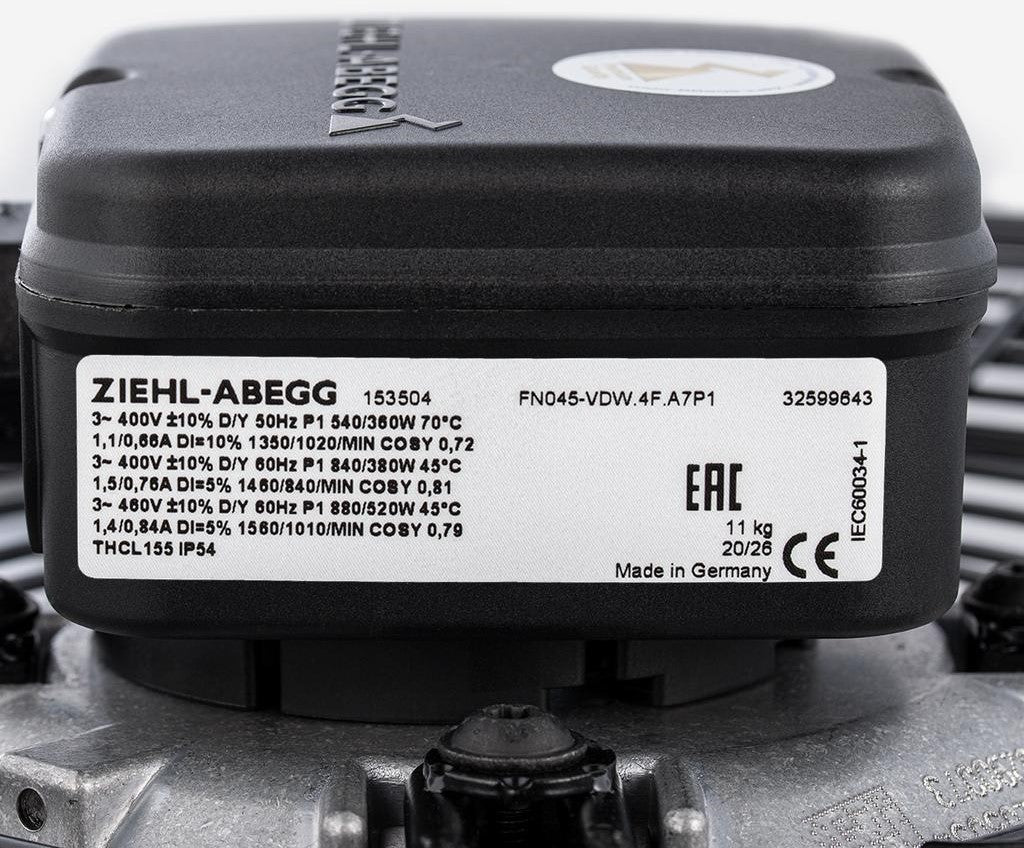 FN045-VDK.4F.A7P1 ZIEHL-ABEGG Axial Fan 400V 0.88/0.36W 1.5/0.66A 1560/1350rpm