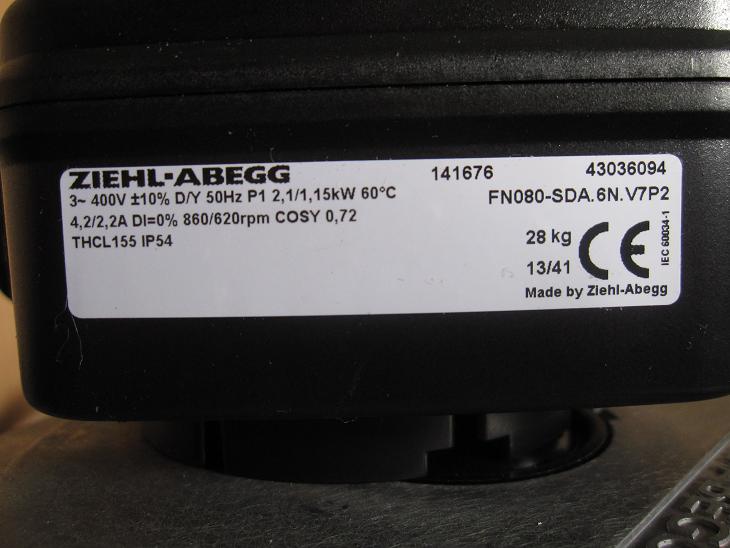 FN080-SDA.6N.V7P2 ZIEHL-ABEGG Axial Fan 3-400V 50HZ 2.1 /1.15kW 4.2/2.2A 860/620Rpm