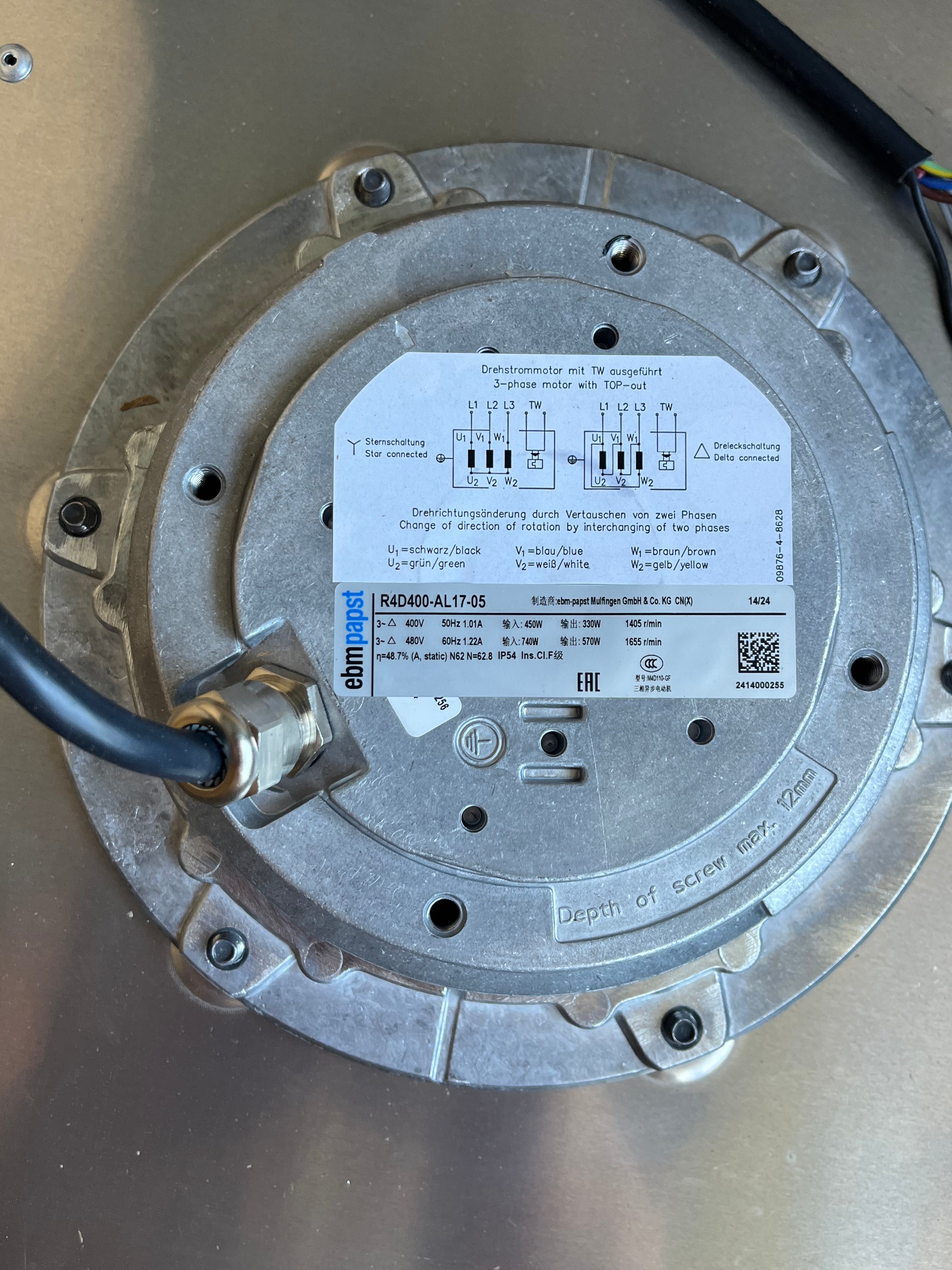 R4D400-AL17-05 EbmPapst Centrifugal Fan 400v 3~400V 450W 1.22A 1655rpm