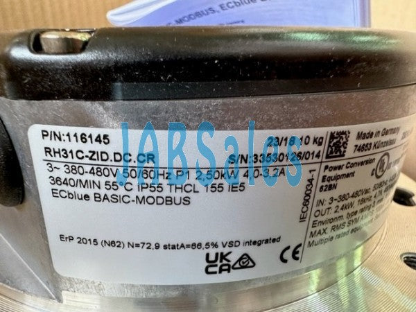 RH31C-ZID.DC.CR ZIEHL-ABEGG centrifugal fan 380/480V 2.5kW 4.0/3.2A 3640rpm