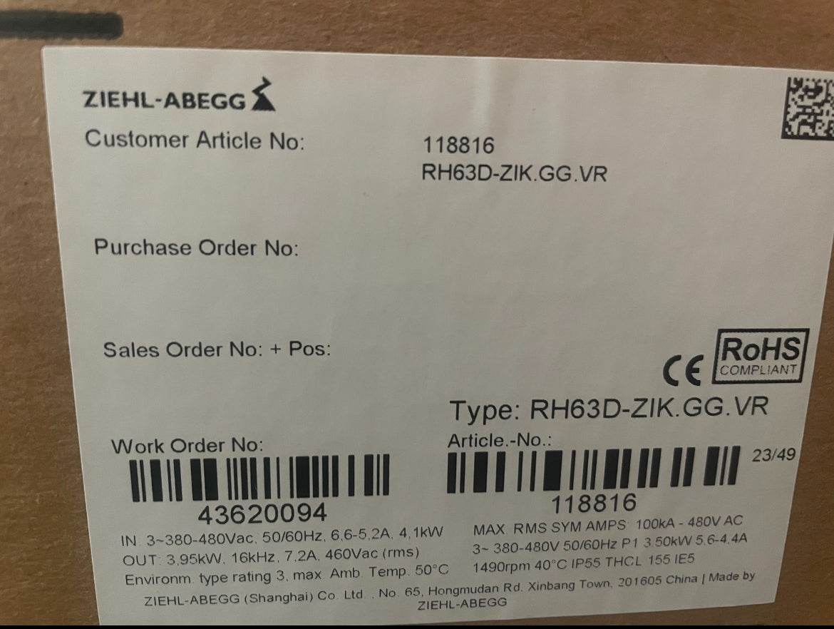 RH63D-ZIK.GG.VR ZIEHL-ABEGG centrifugal fan 380-480V 4.10kW 5.6-5.2A